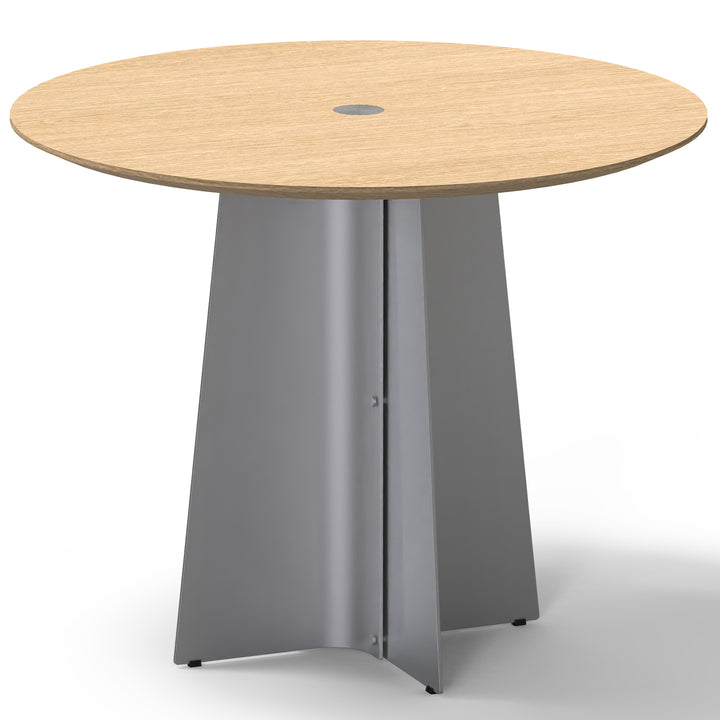 Minimalist ash wood veneer stainless steel round dining table aeri in still life.
