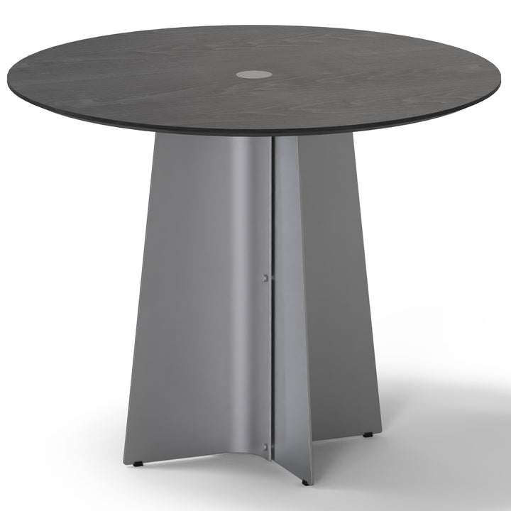 Minimalist ash wood veneer stainless steel round dining table black aeri in still life.
