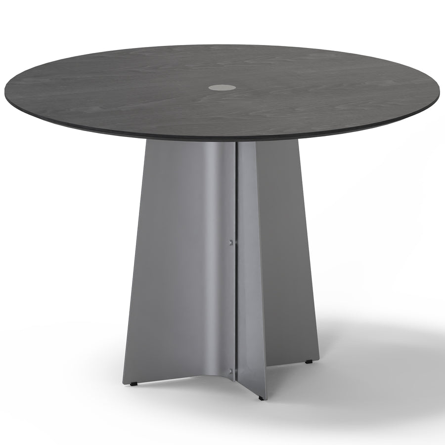 Minimalist ash wood veneer stainless steel round dining table black aeri in white background.