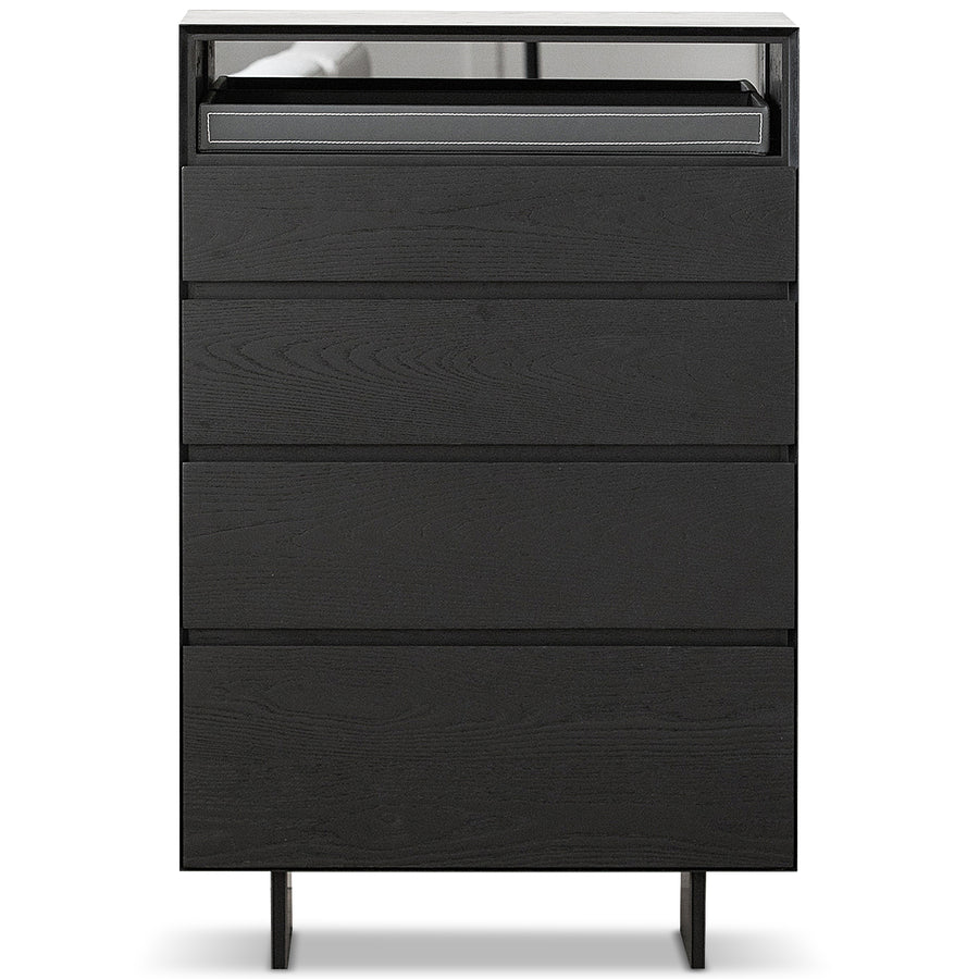 Minimalist ash wood veneer chest of 4  drawers grid in white background.