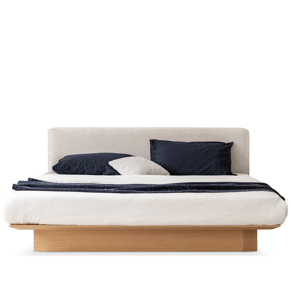 Minimalist cotton fabric ash wood veneer floating bed winter in white background.