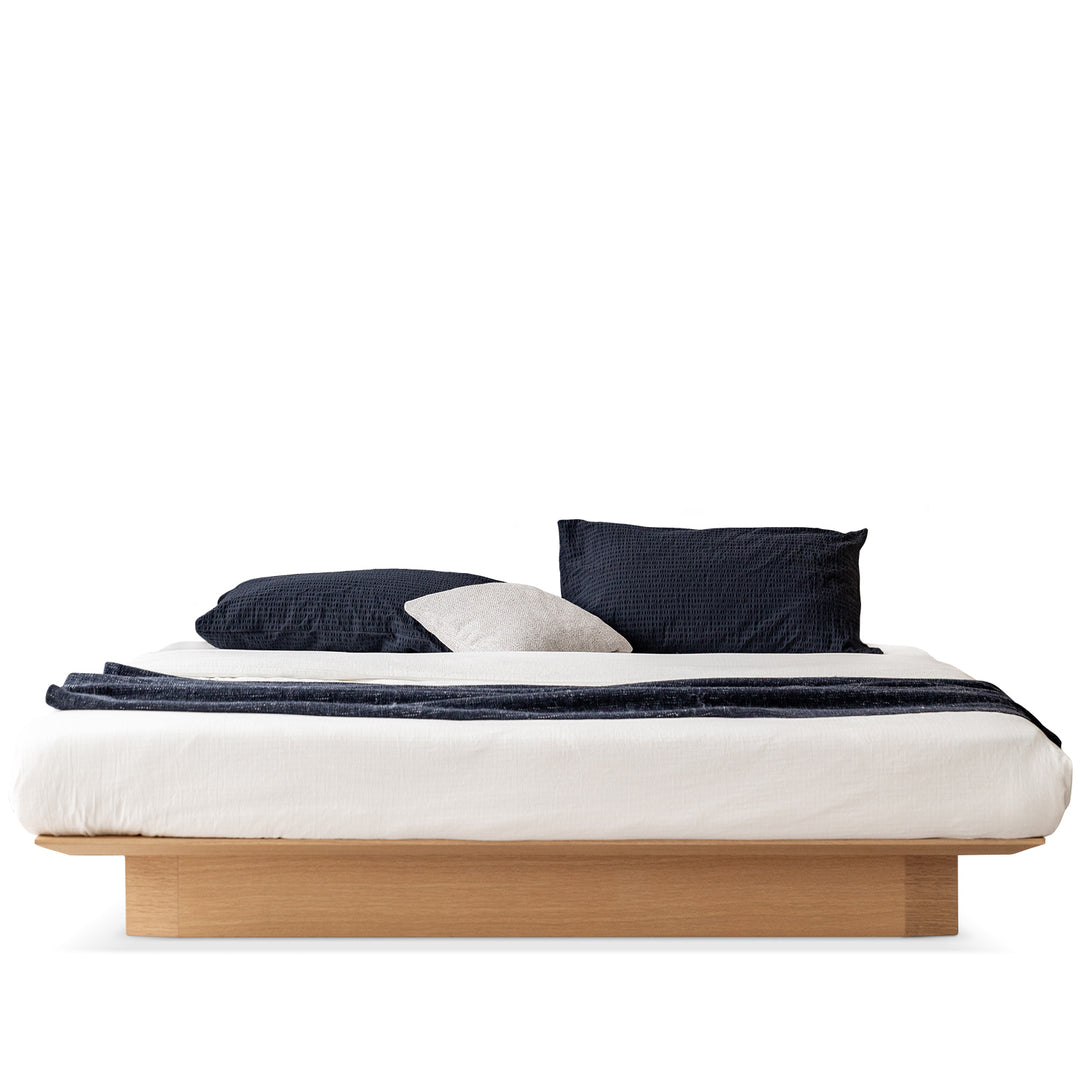 Minimalist ash wood veneer platform floating bed winter in white background.