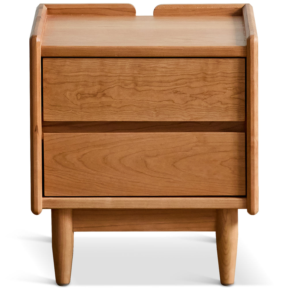 Scandinavian cherry wood side table vista in white background.