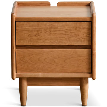 Scandinavian cherry wood side table vista in white background.