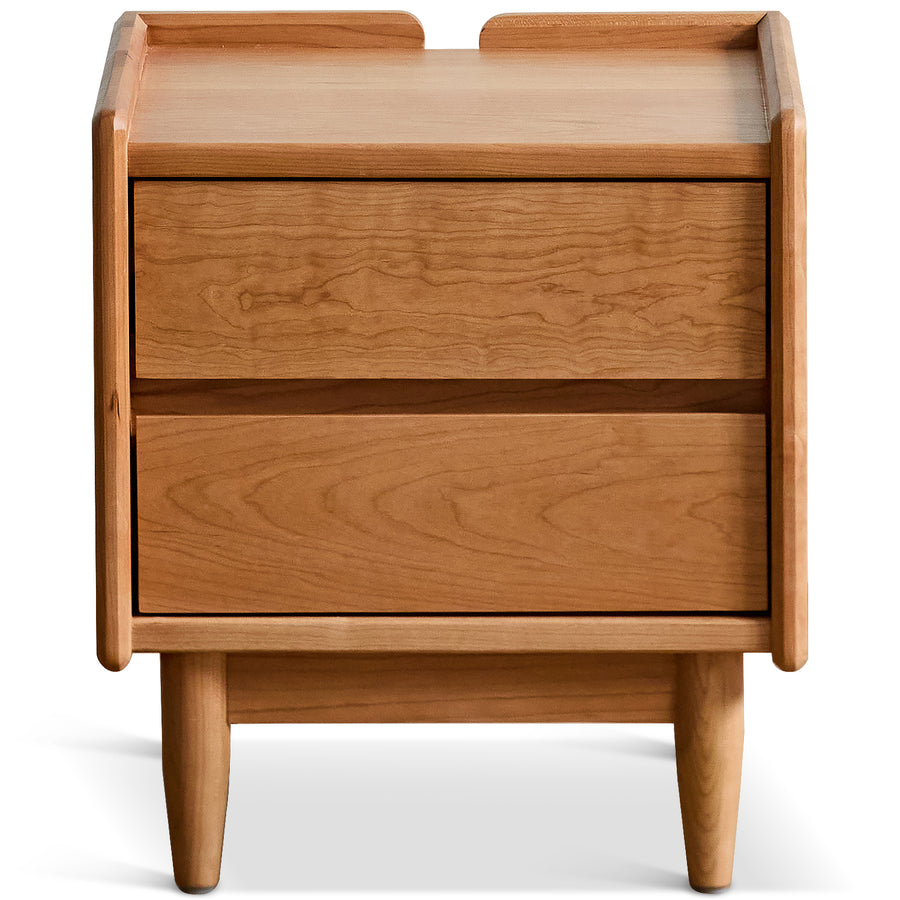 Scandinavian cherry wood side table vista in white background.