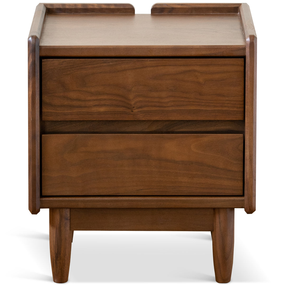 Japandi walnut wood side table vista in white background.