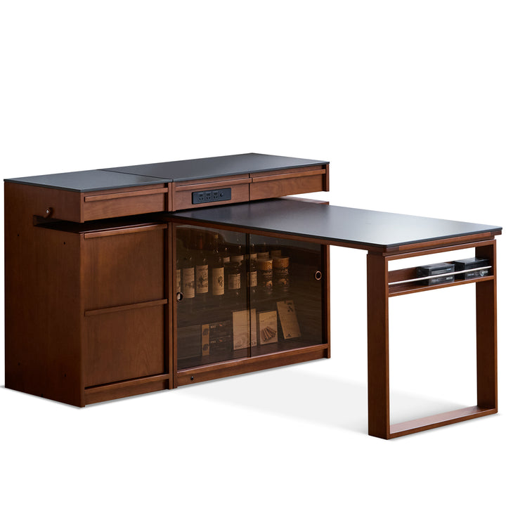 Vintage boxwood sintered stone extendable island dining table with cabinet skeletal in white background.