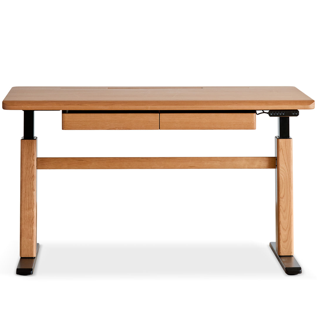 Scandinavian cherry wood electric height adjustable study table cloud lifting conceptual design.