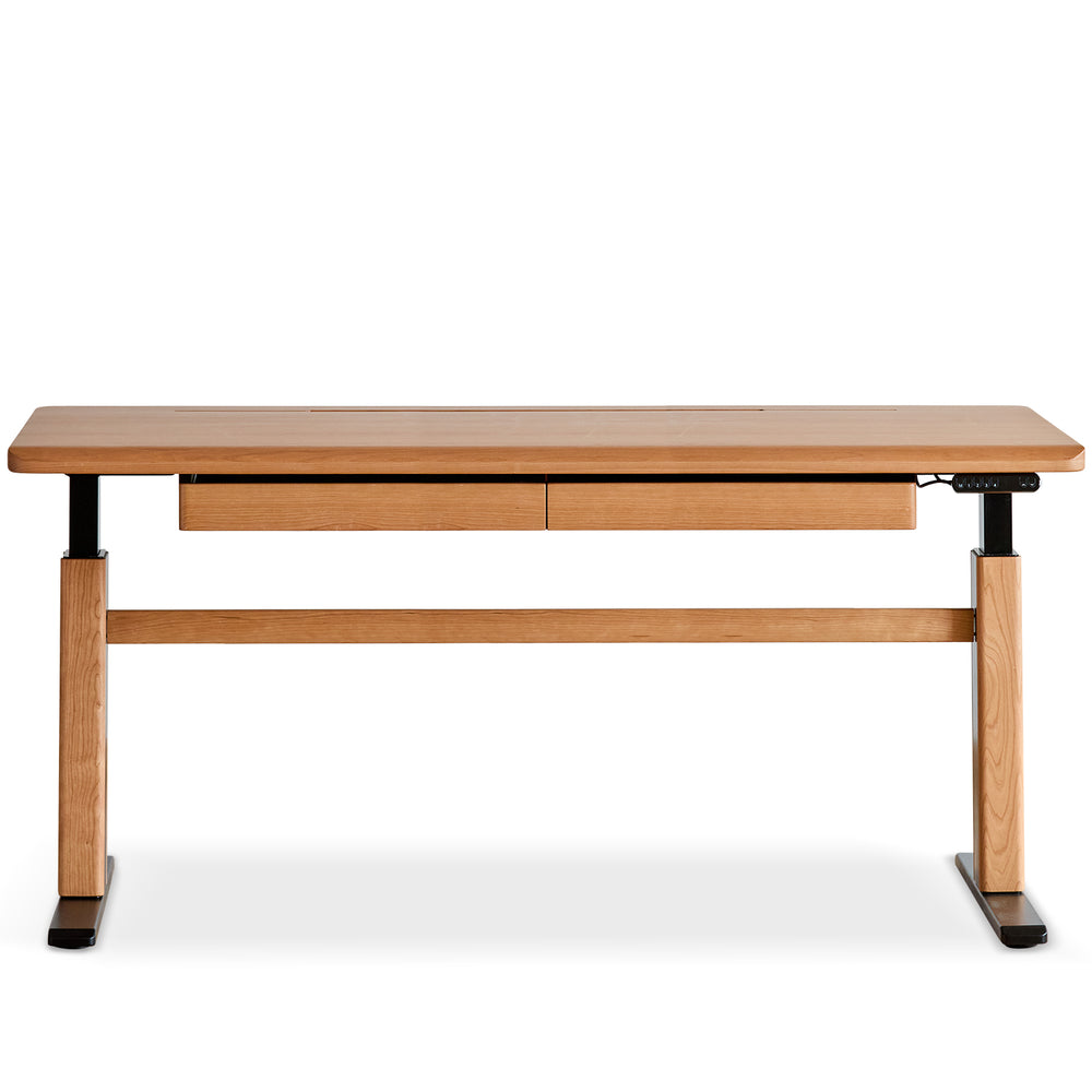 Scandinavian cherry wood electric height adjustable study table cloud lifting in white background.