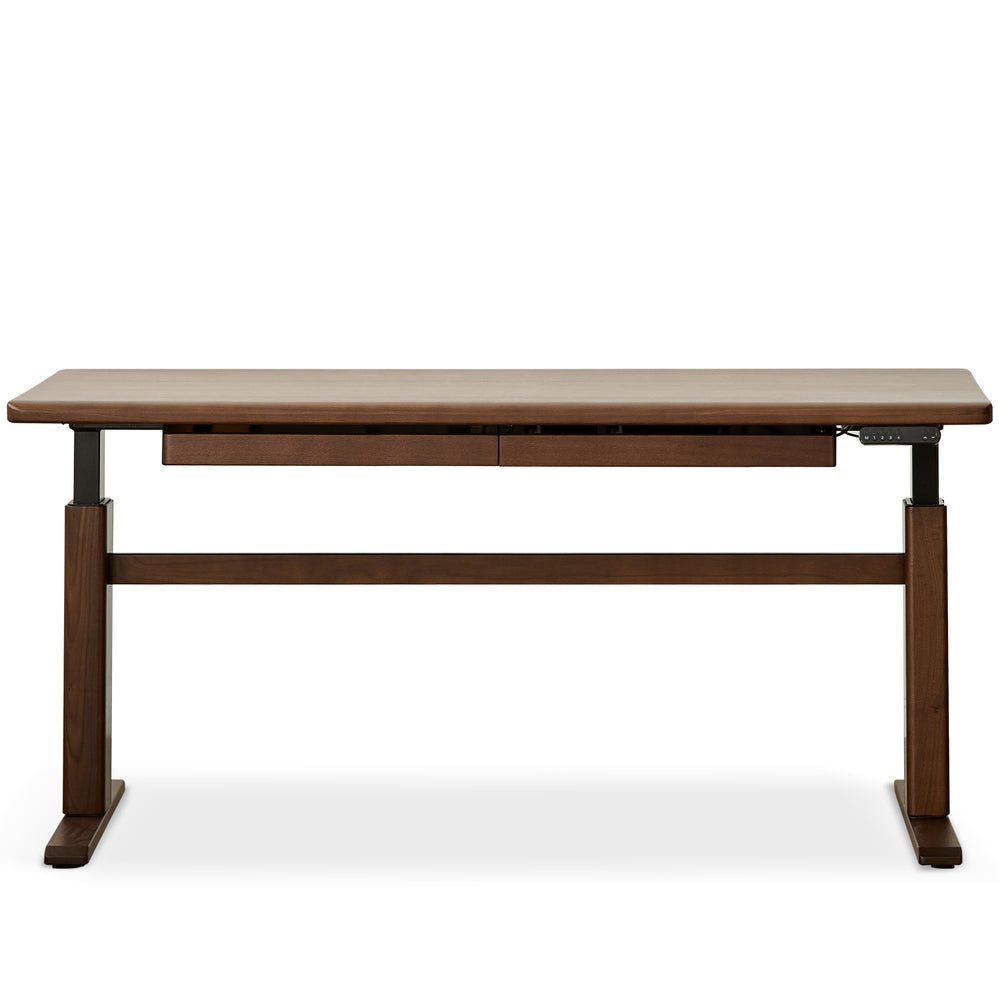 Japandi walnut wood electric height adjustable study table cloud lifting in white background.