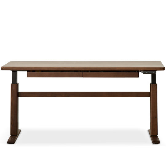 Japandi walnut wood electric height adjustable study table cloud lifting in white background.