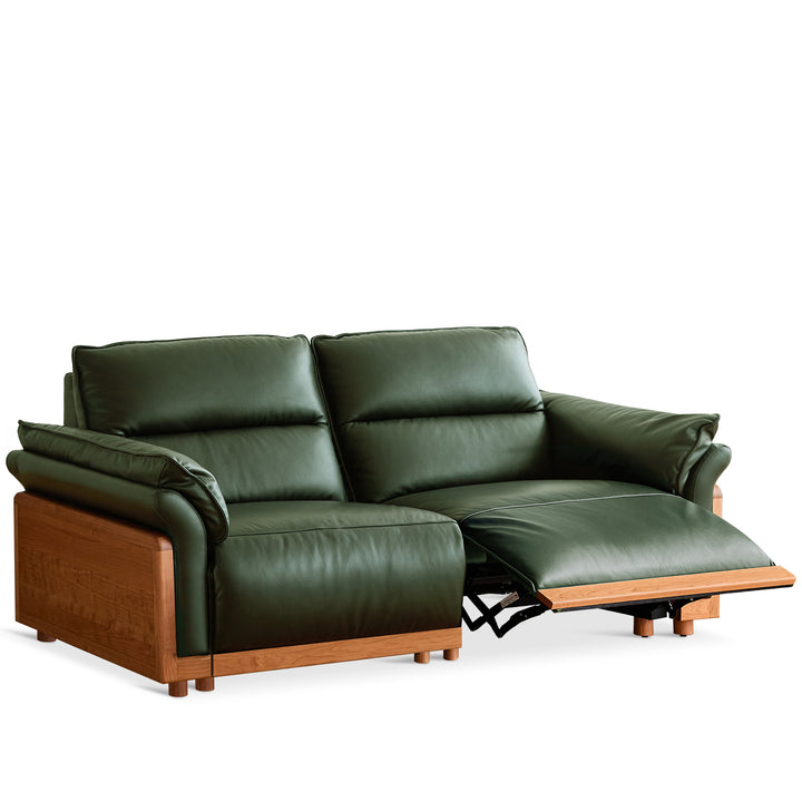 Scandinavian cherry wood genuine leather electric recliner 3 seater sofa edgeless in white background.