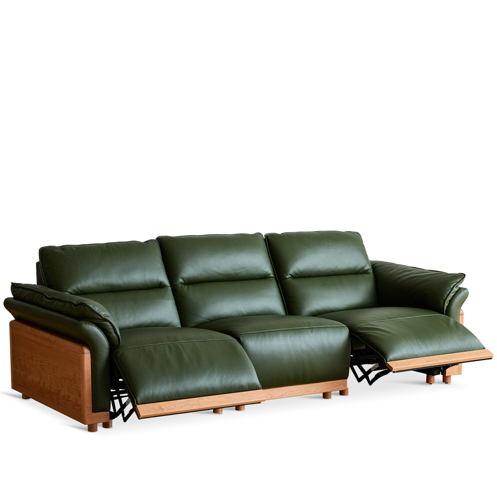 Scandinavian cherry wood genuine leather electric recliner 4 seater sofa edgeless in white background.