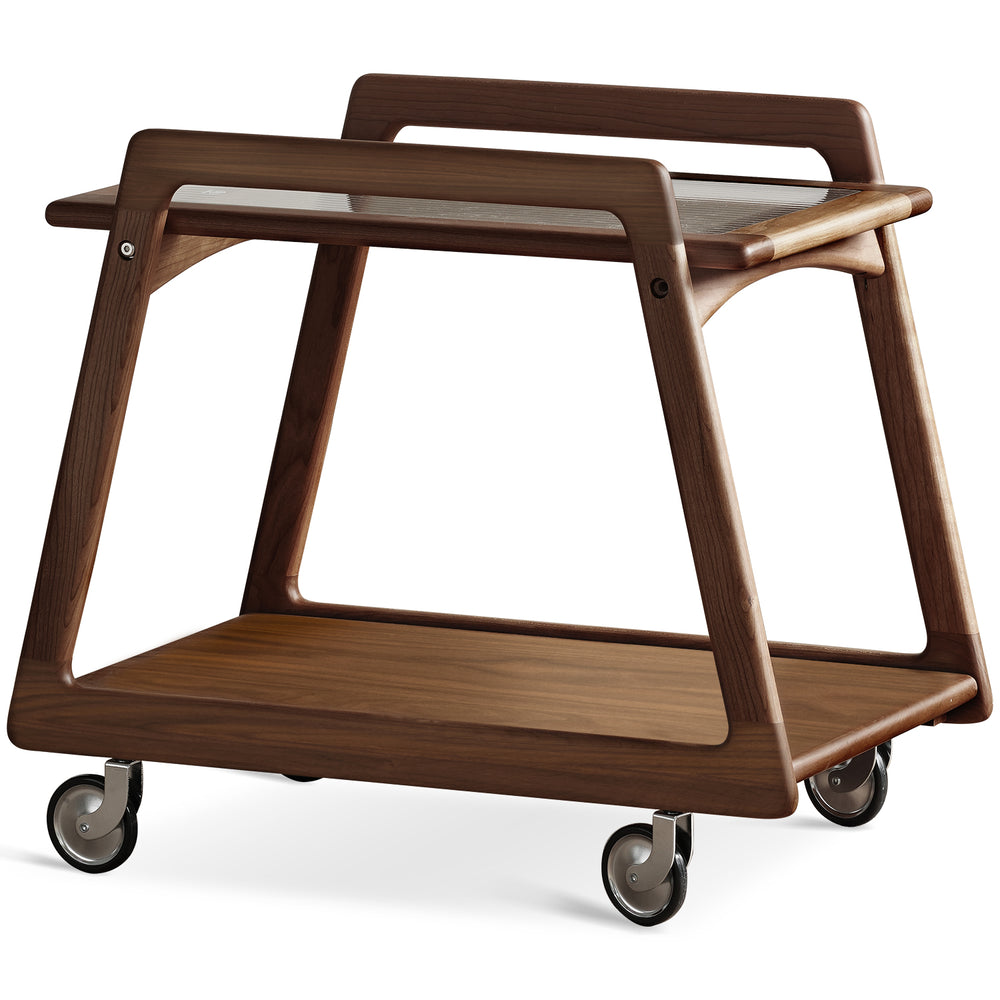 Japandi walnut wood wheeled trolley side table yoyo in white background.