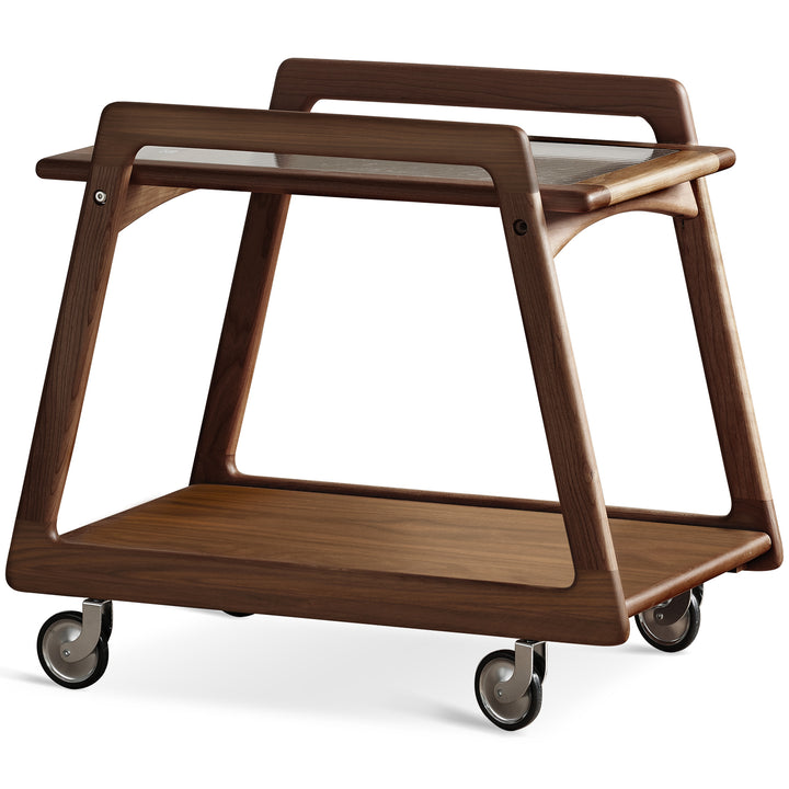Japandi walnut wood wheeled trolley side table yoyo in white background.