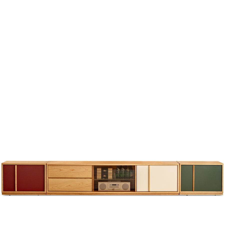 Bauhaus cherry wood tv console time in white background.