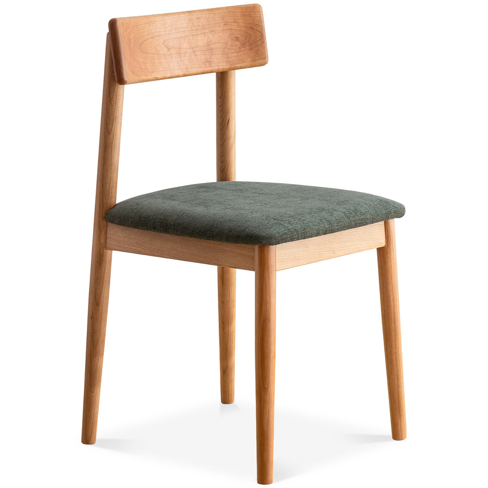 Scandinavian cherry wood mixed weave fabric dining chair green in white background.