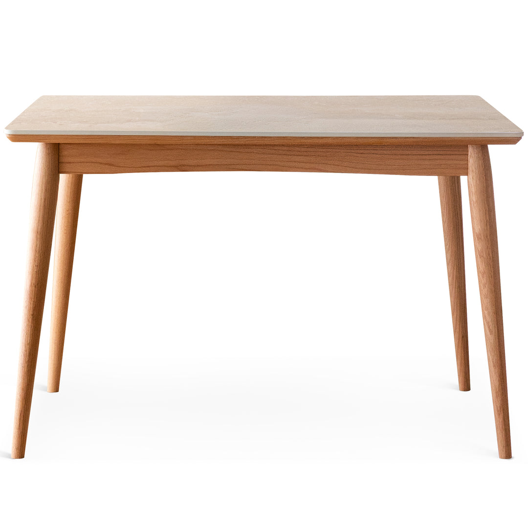 Scandinavian oak wood sintered stone dining table green layered structure.