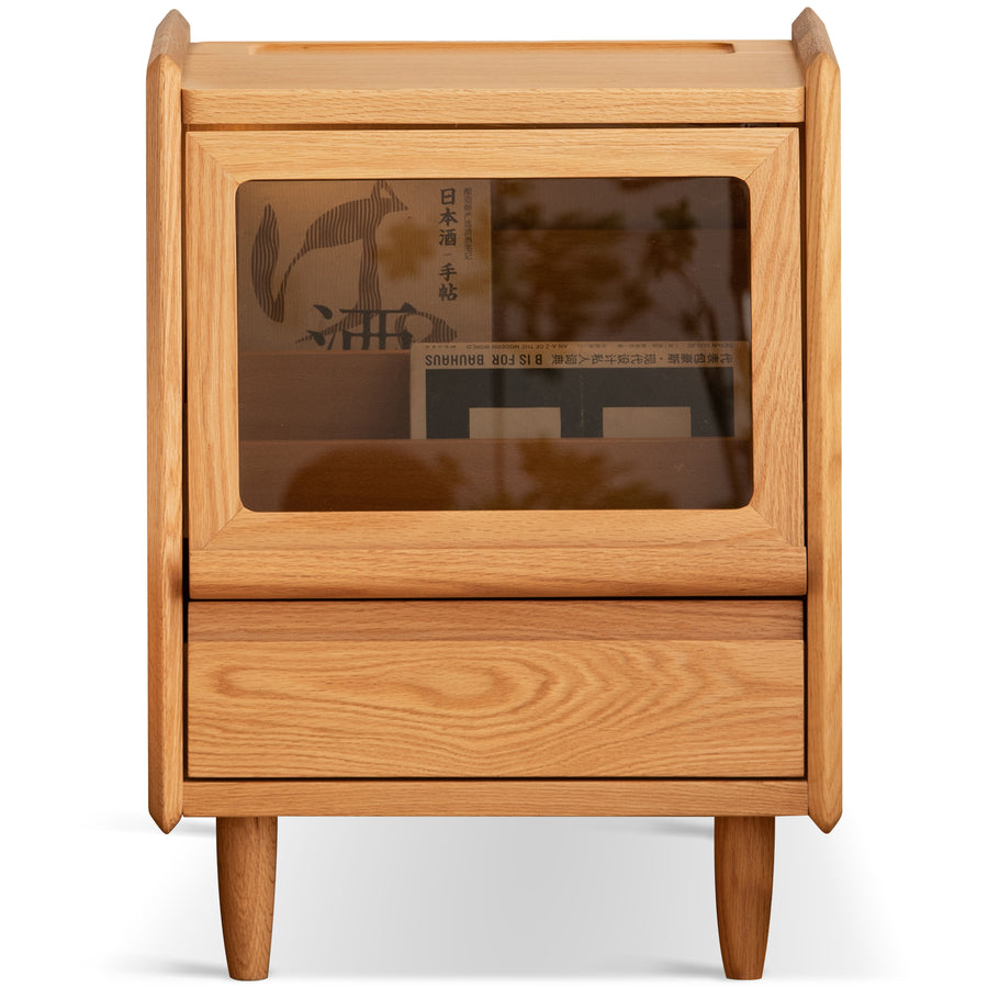 Scandinavian oak wood side table oxygen in white background.