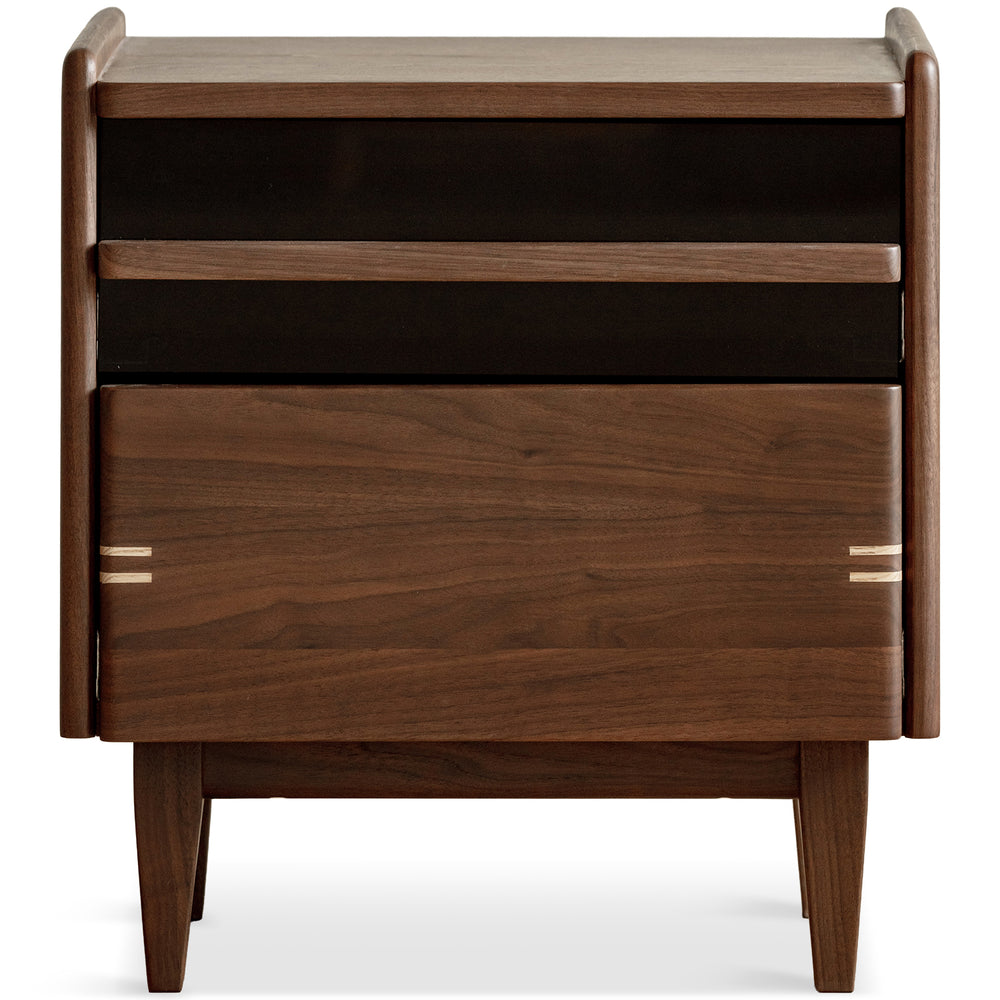 Japandi walnut wood side table dusk in white background.
