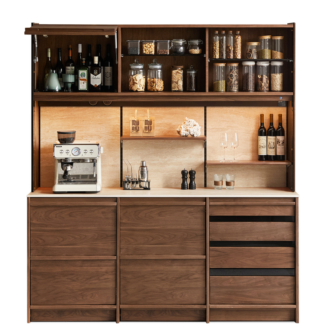 Japandi walnut wood sintered stone storage side cabinet axis detail 2.