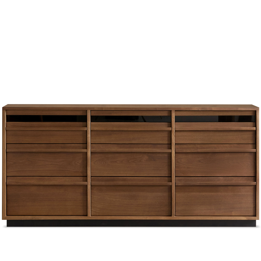 Japandi walnut wood chest of 9 drawers axis in white background.