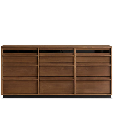 Japandi walnut wood chest of 9 drawers axis in white background.