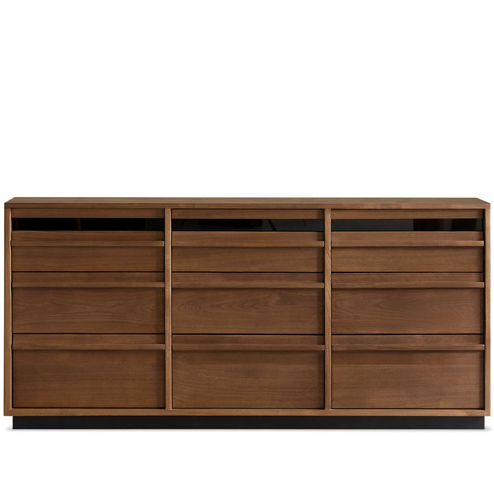 Japandi walnut wood chest of 9 drawers axis in white background.