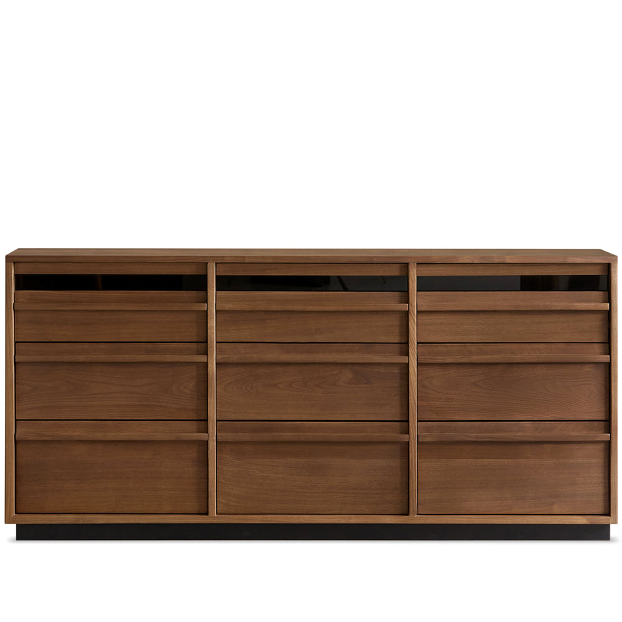 Japandi walnut wood chest of 9 drawers axis in white background.