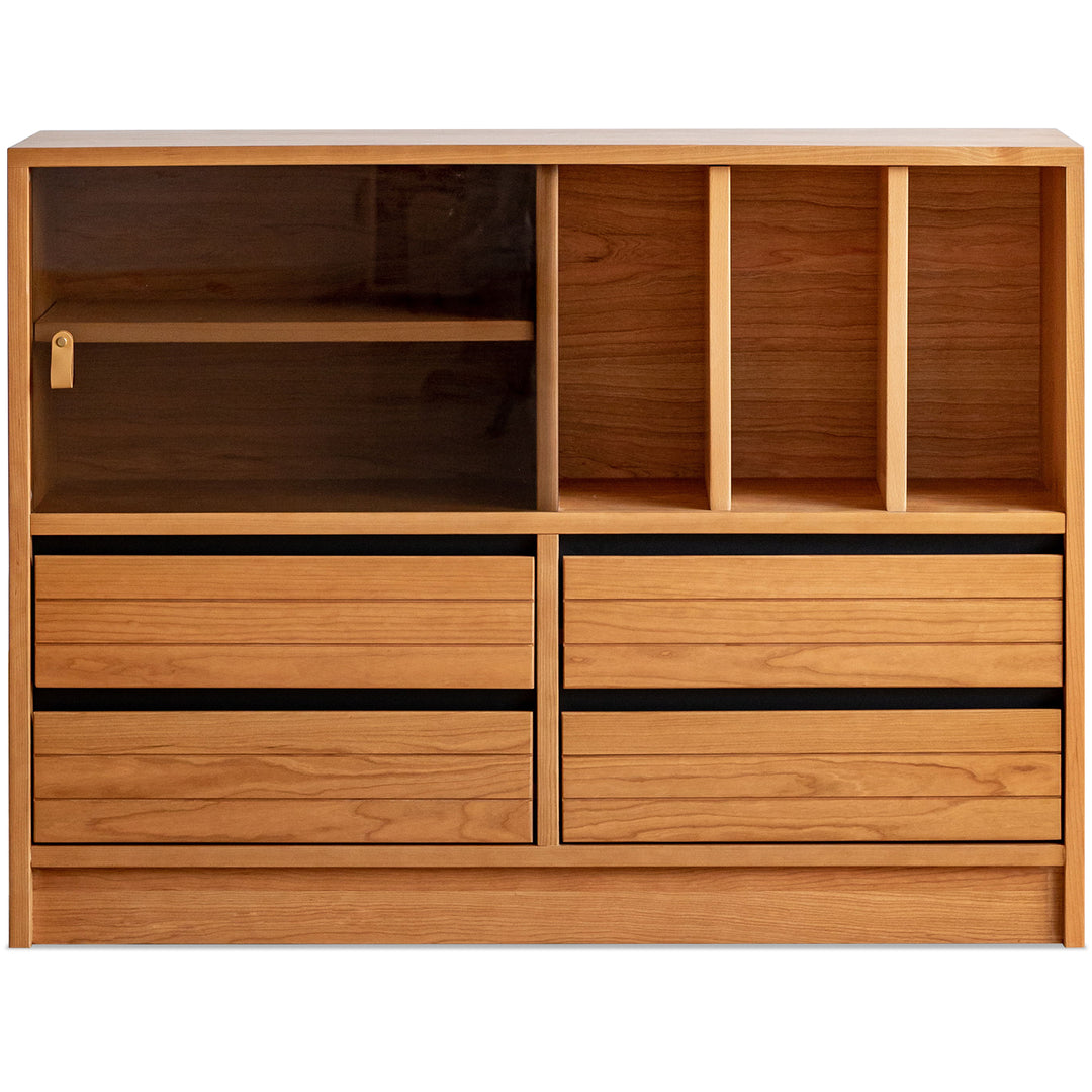 Scandinavian cherry wood modular cabinet grove in still life.
