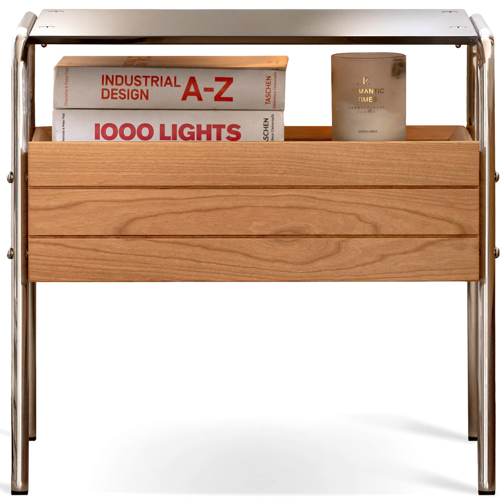 Bauhaus cherry wood side table mirror lake in white background.