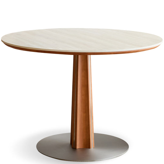 Bauhaus cherry wood sintered stone round dining table pinecone in white background.
