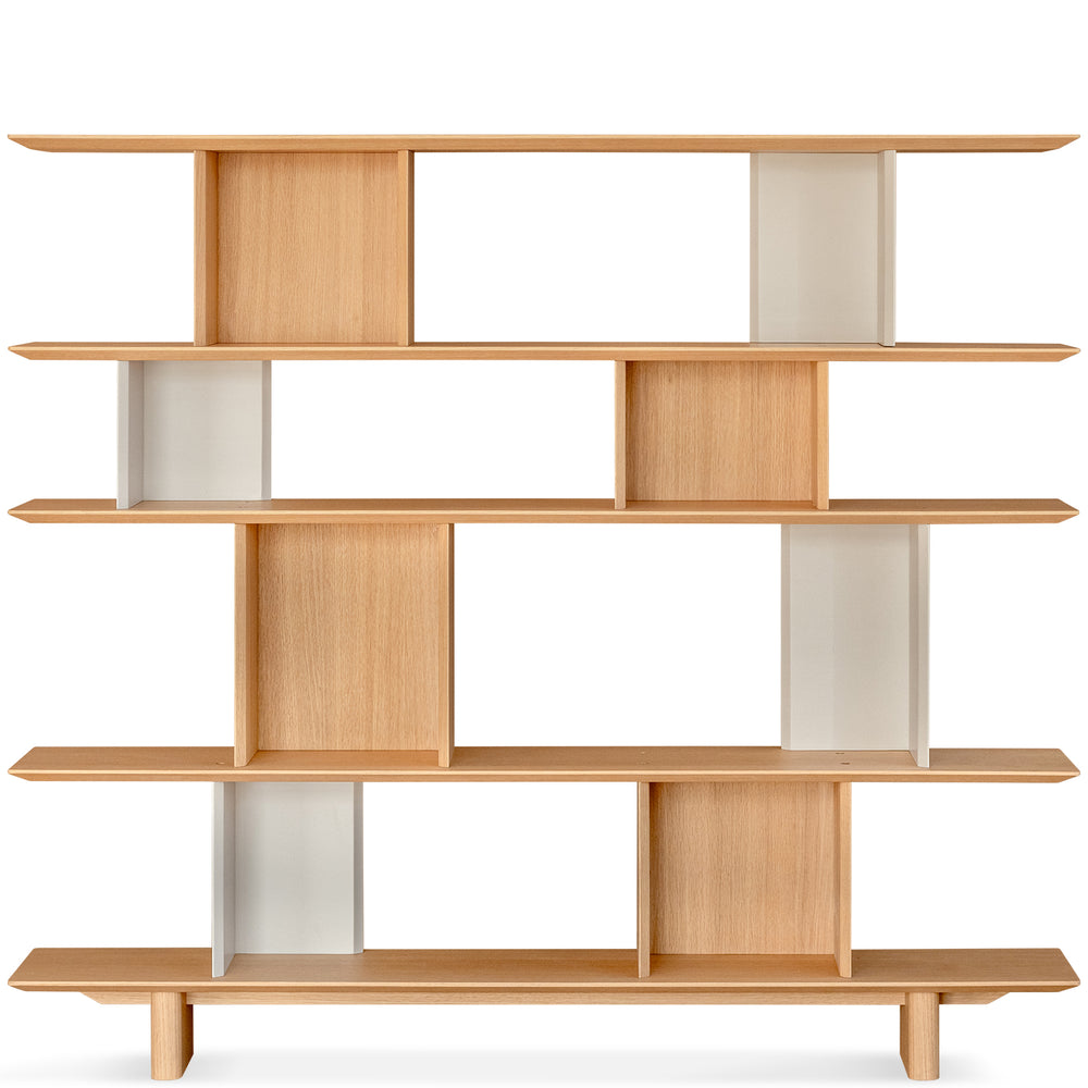 Minimalist oak wood veneer shelf berg in white background.