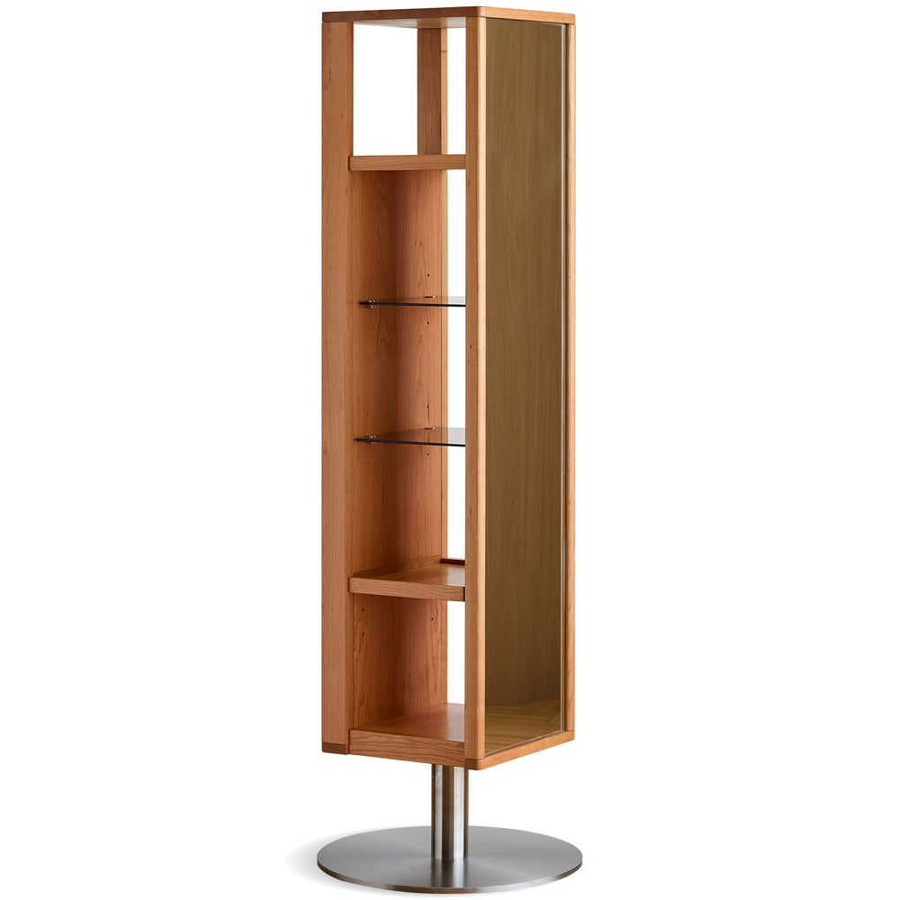 Scandinavian cherry wood revolving shelf with mirror timeless in white background.