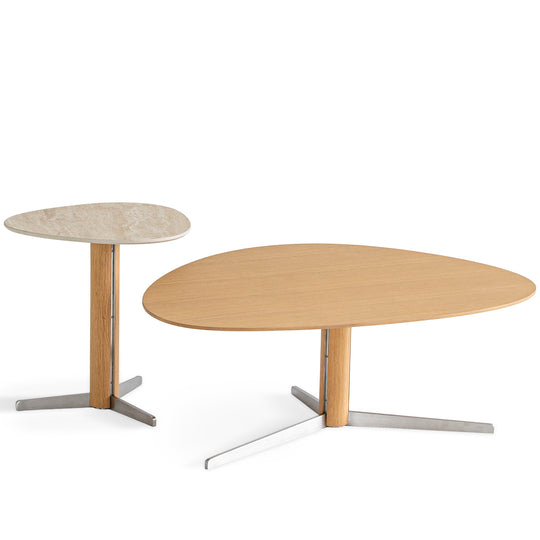 Minimalist oak wood veneer sintered stone coffee table set sol in white background.