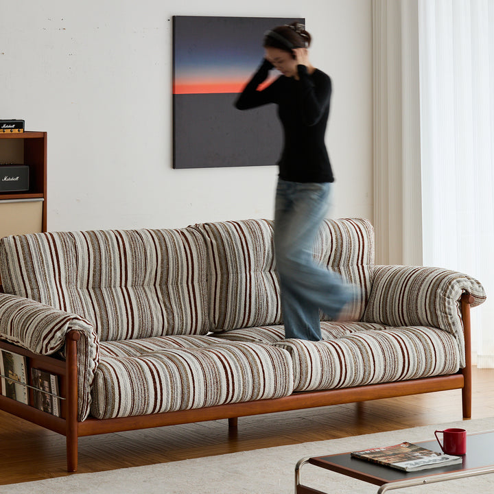 Scandinavian chenille velvet fabric boxwood 3 seater sofa open backed in close up details.