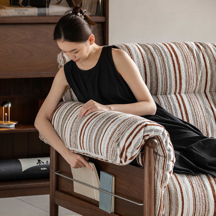 Scandinavian chenille velvet fabric walnut wood 3 seater sofa sofa open backed in real life style.