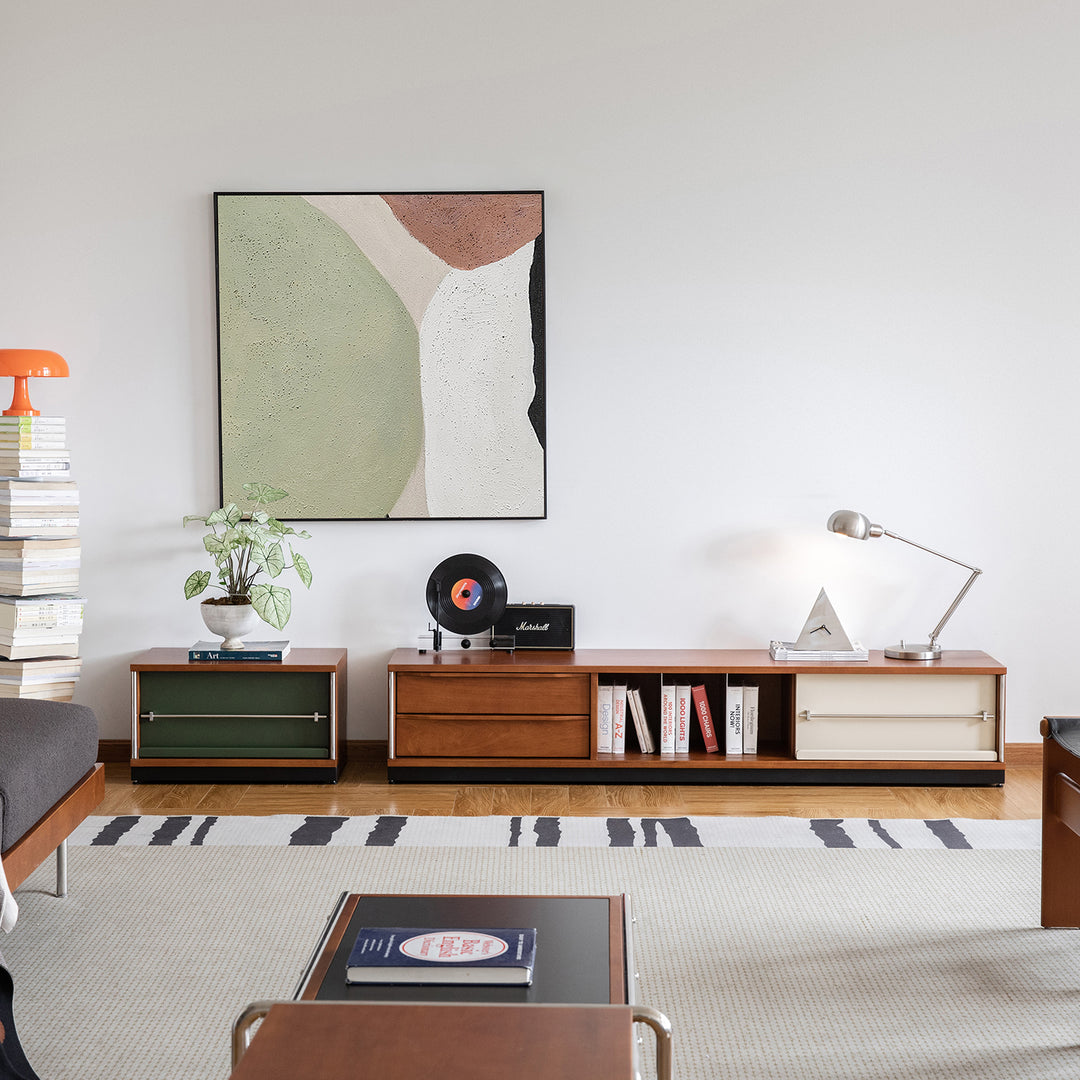 Vintage boxwood modular tv console silver wing in real life style.