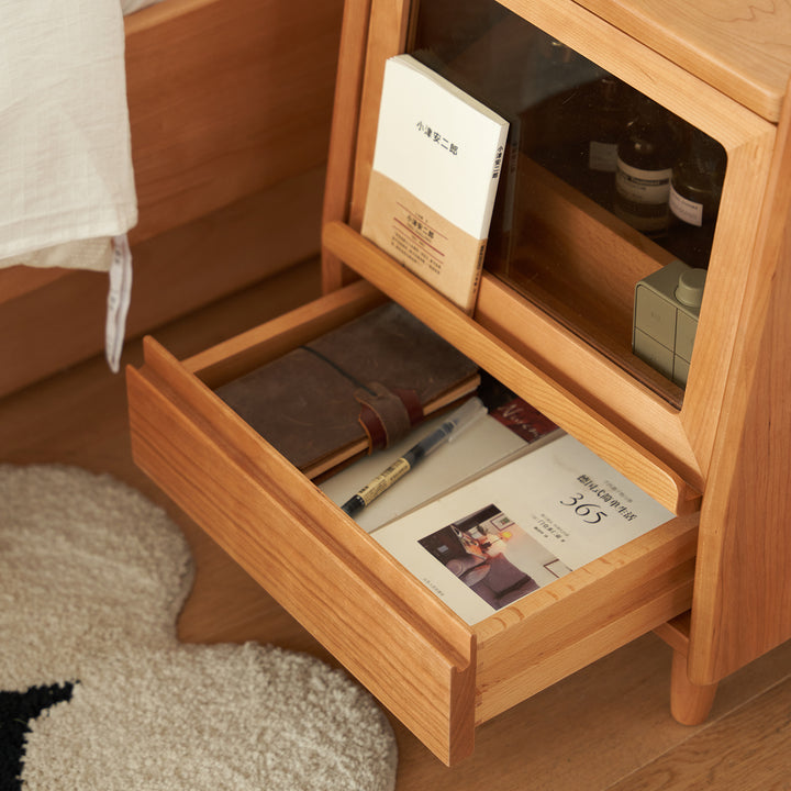 Scandinavian cherry wood side table shell in real life style.