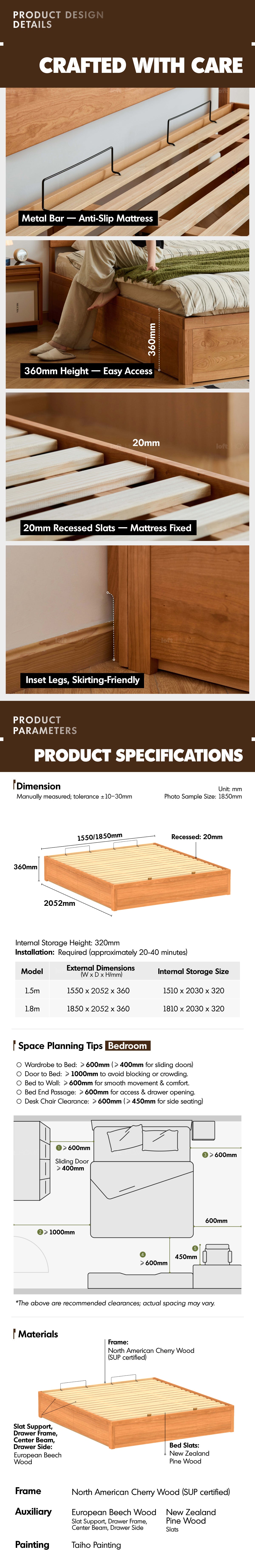 Scandinavian Cherry Wood Lift-Up Storage Platform Bed With Drawer KANGAROO Good to Know - 6