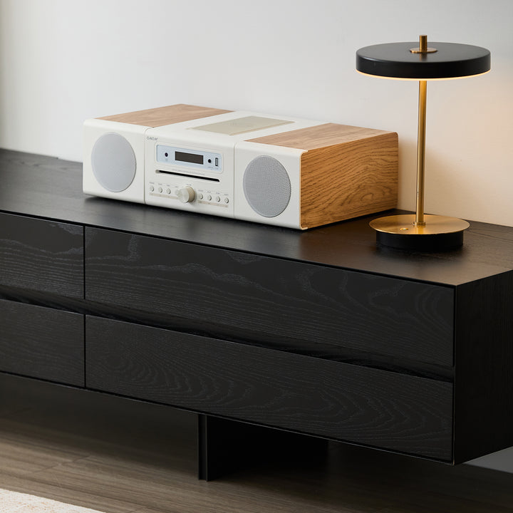 Minimalist ash wood tv console shadow in real life style.