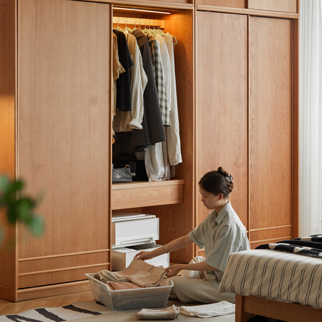 Scandinavian cherry wood sliding door wardrobe autumn material variants.