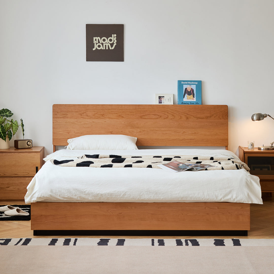 Scandinavian cherry wood storage bed toast with context.