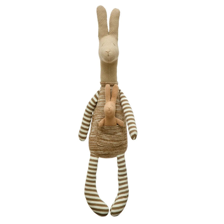 6"l x 31"h plush kangaroo w/ joey, brown w/ white stripes decor in white background.