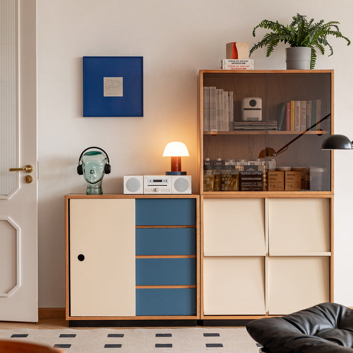 Scandinavian cherry wood modular cabinet time in details.