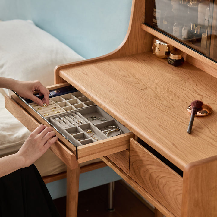 Scandinavian cherry wood dressing table floating vanity in details.