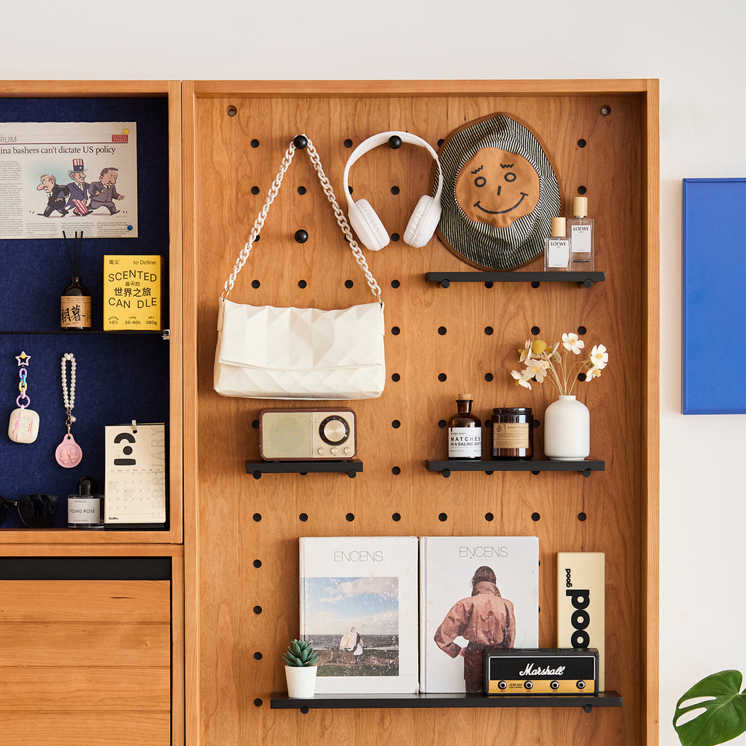 Scandinavian cherry wood shoe cabinet corner with context.