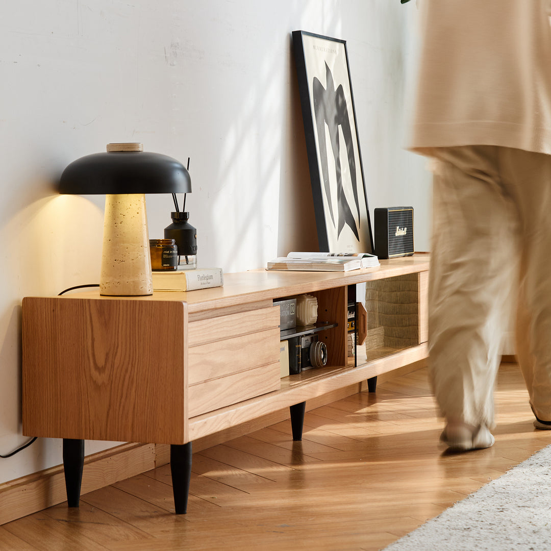 Scandinavian oak wood tv console lyne in panoramic view.
