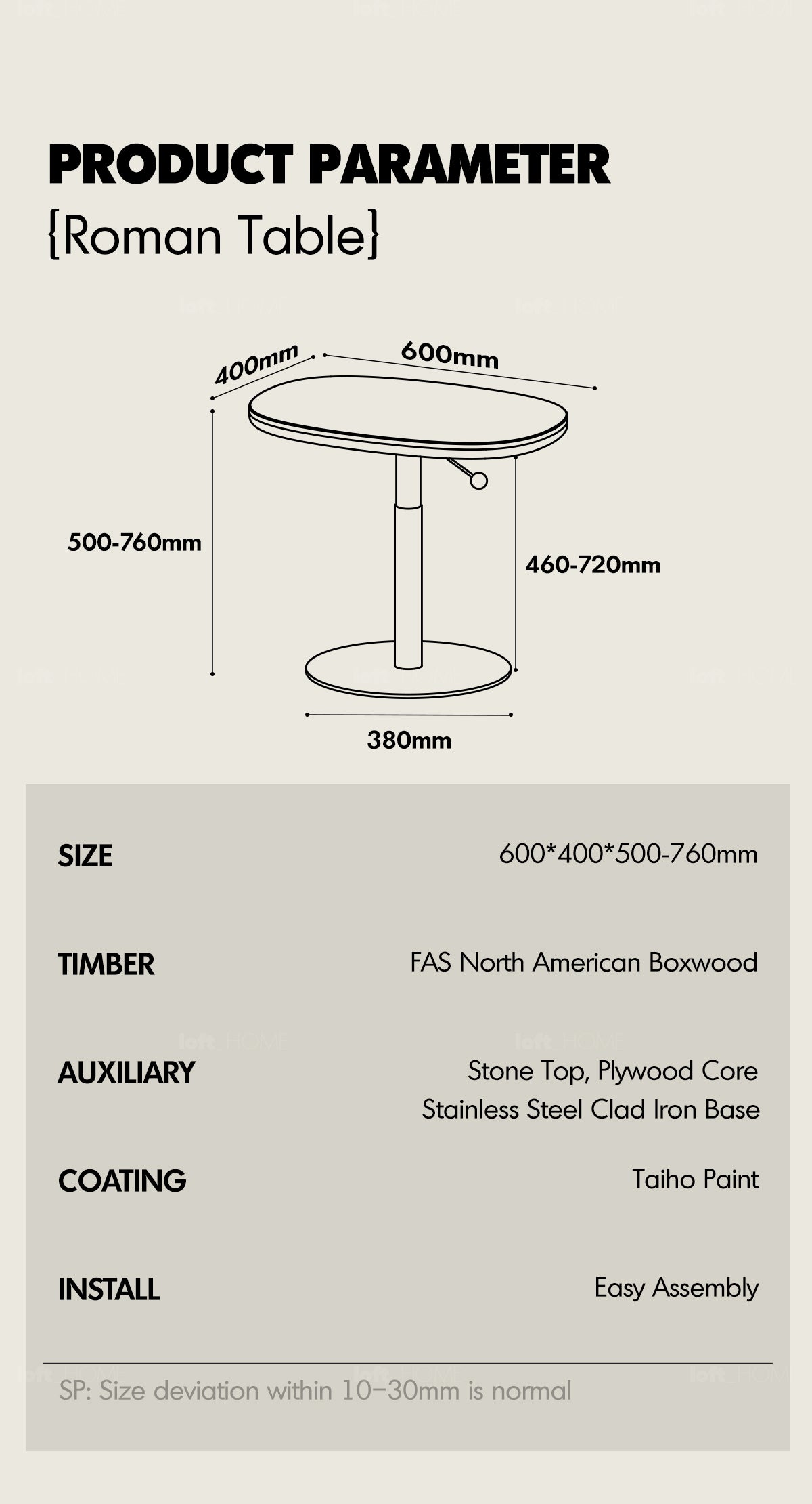 Bauhaus Sintered Stone Boxwood Height Adjustable Side Table ROMAN Good to Know - 7