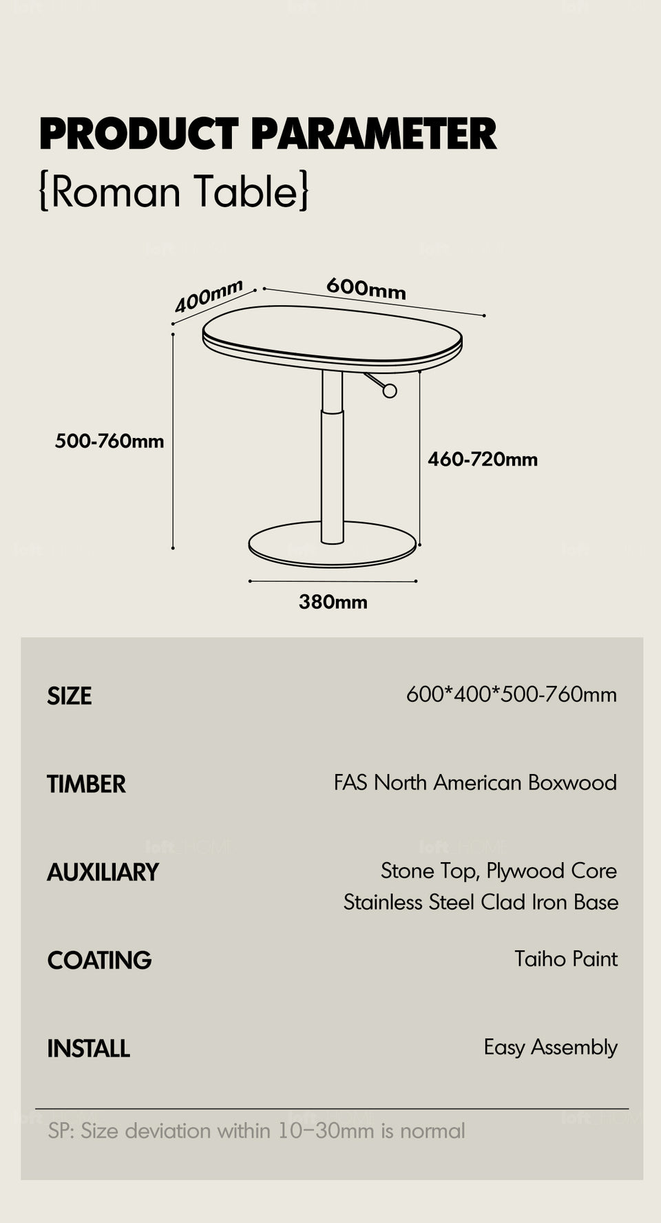 Bauhaus Sintered Stone Boxwood Height Adjustable Side Table ROMAN More Details and Instruction_7